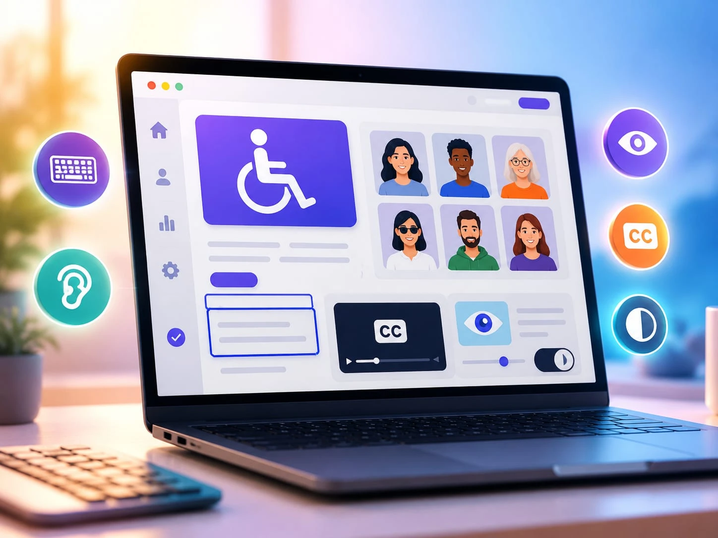 Ordinateur portable affichant une interface accessible : pictogramme fauteuil roulant, sous-titres, réglage de contraste et navigation au clavier