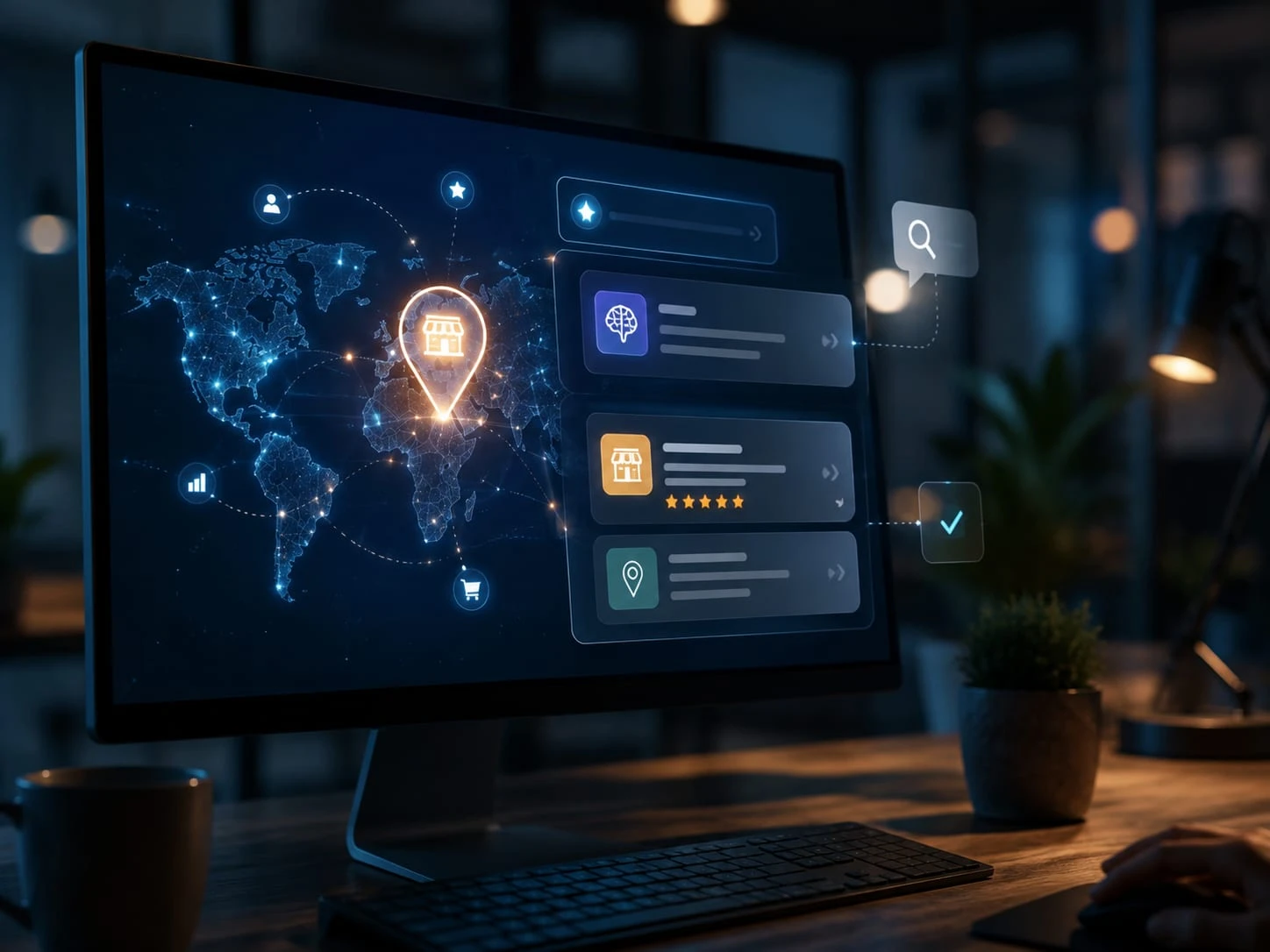 Écran affichant la réponse d'une intelligence artificielle : une carte du monde et des fiches d'entreprises citées comme sources