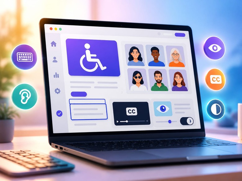 Ordinateur portable affichant une interface accessible : pictogramme fauteuil roulant, sous-titres, réglage de contraste et navigation au clavier