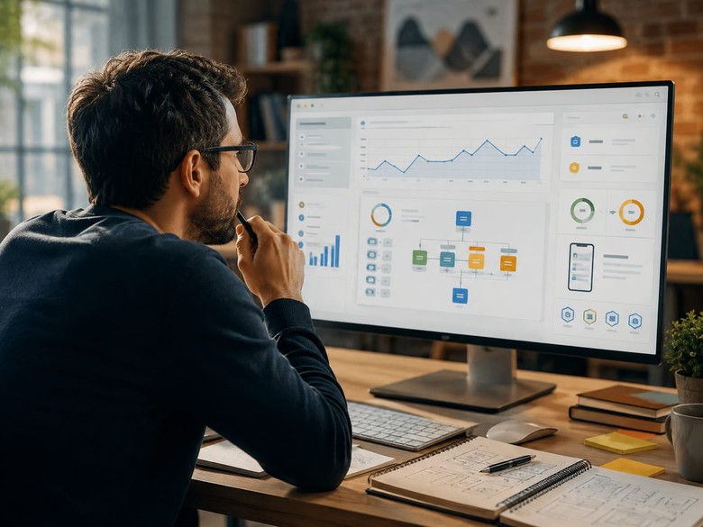 Personne analysant sur un grand écran un tableau de bord de référencement : courbe de trafic, arborescence du site et indicateurs de performance