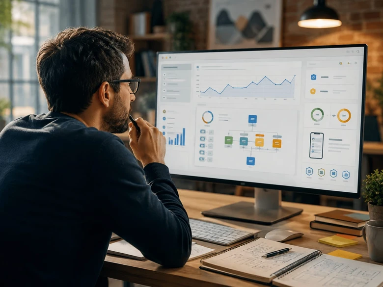 Personne analysant sur un grand écran un tableau de bord de référencement : courbe de trafic, arborescence du site et indicateurs de performance