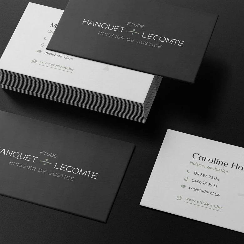 Étude Hanquet-Lecomte — Identité visuelle et cartes de visite d’une étude d’huissiers de justice.