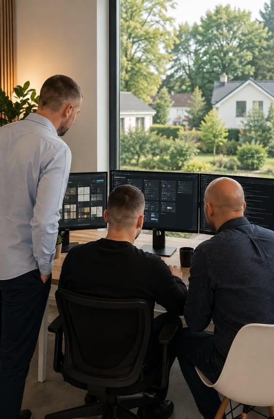 Atelier collaboratif chez Leonard Web Solutions à Verviers : l’équipe et le client définissent ensemble la stratégie du projet web devant les écrans
