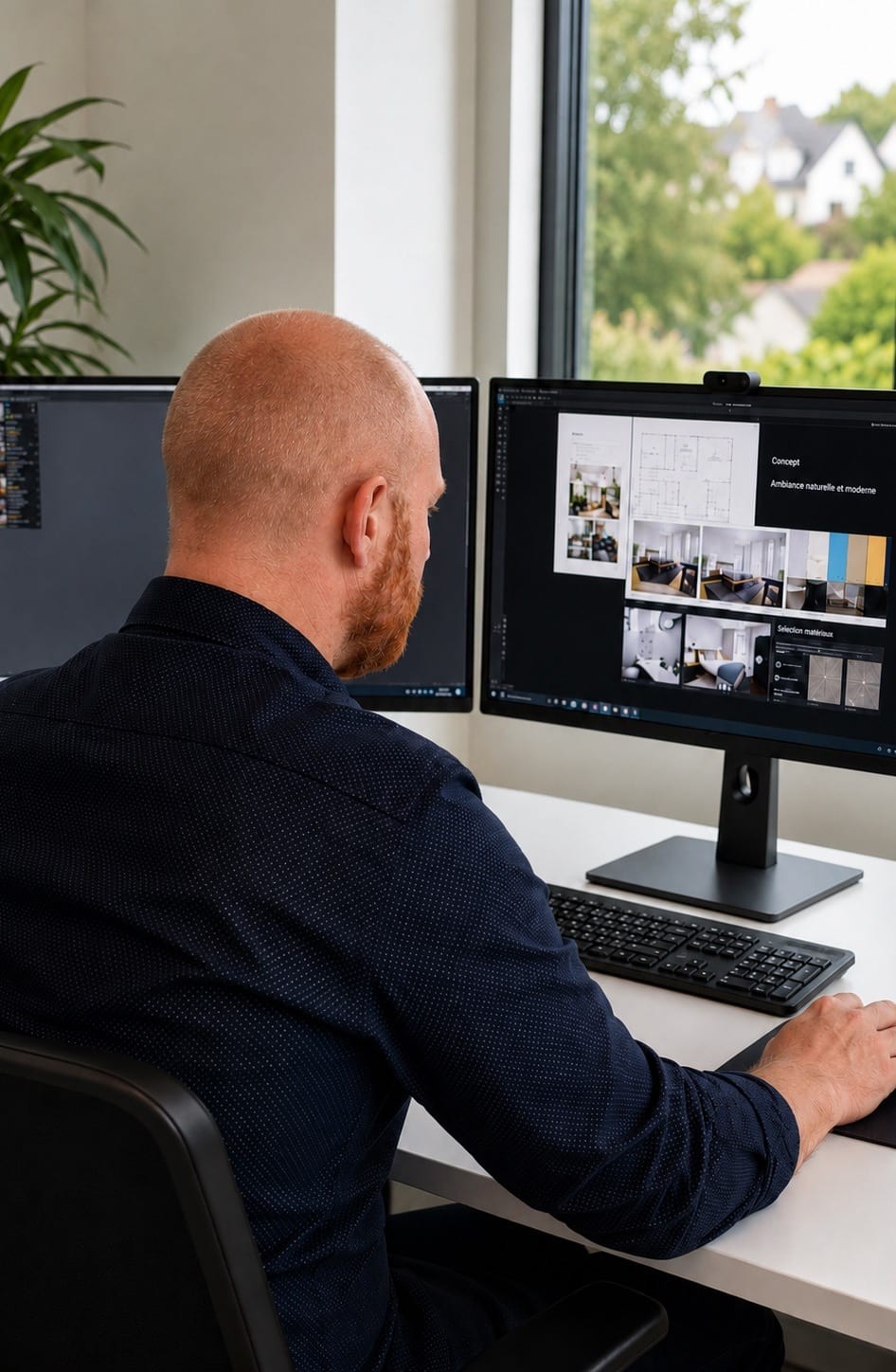 Conception du webdesign chez Leonard Web Solutions à Verviers : un designer travaille la maquette et la sélection graphique d’un projet web sur double écran
